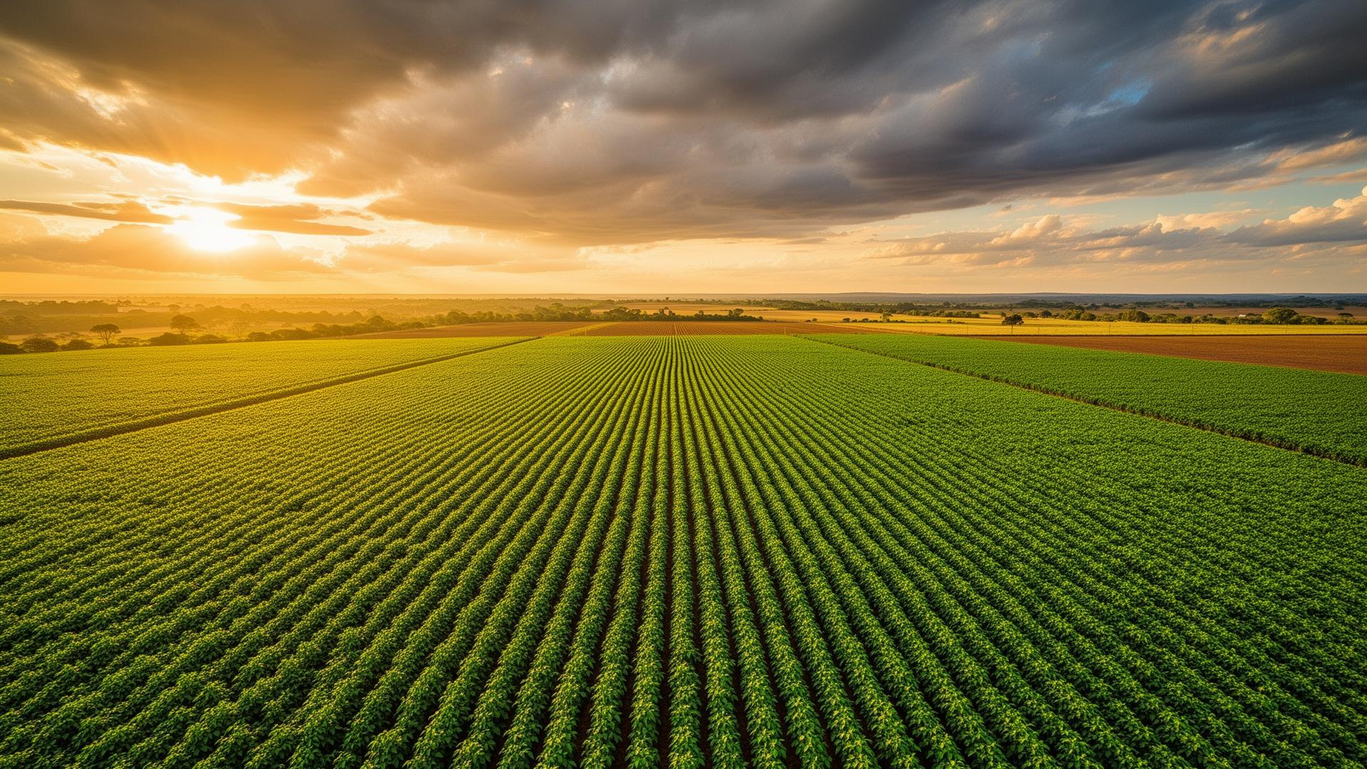 Campos agrícolas ao pôr do sol